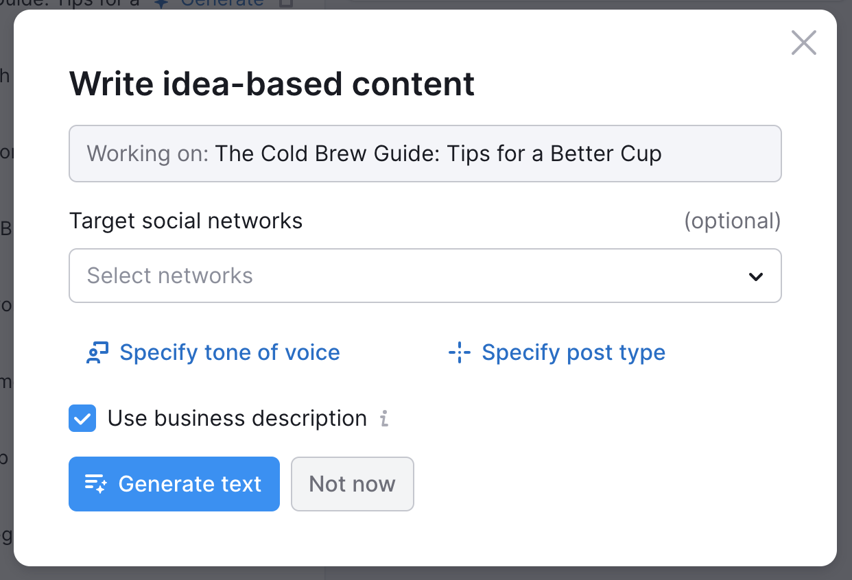 The pop-up with the idea, target social networks, tone of voice, post type, and Use business description option.